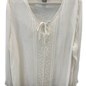 Notations Womens Cream Embroidered Tie-Front Blouse 2X Long Sleeve Tunic Top NWT